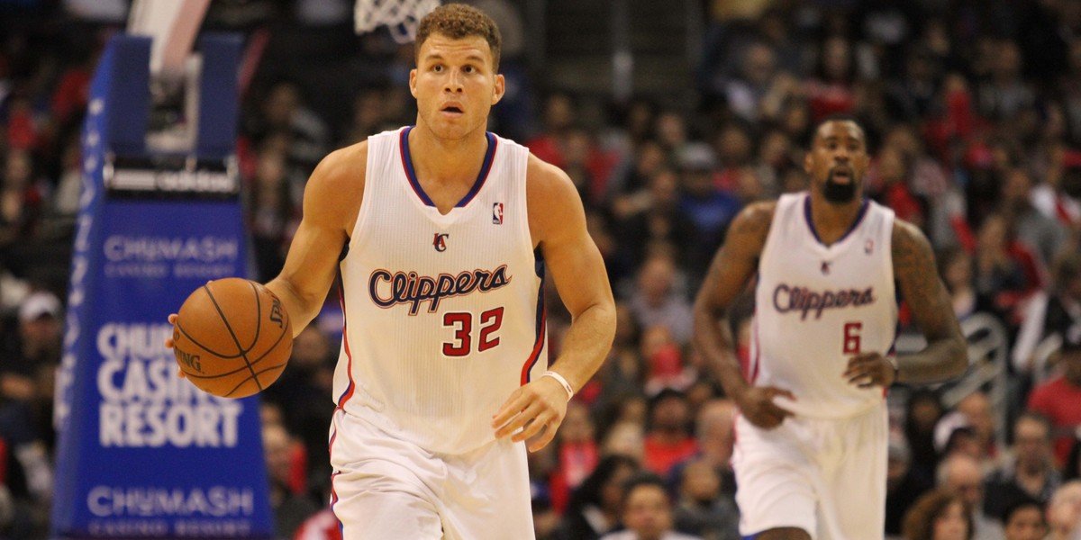 Blake Griffin dribbling up the court for the LA Clippers in a 2013 game against the Memphis Grizzlies